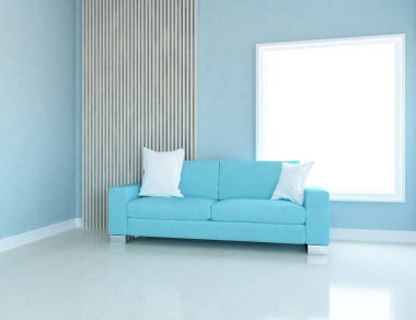 Minimalist bir oturma odası ve ahşap zeminde bir kanepe. İç kısımları kuzeyli. 3B illüstrasyon