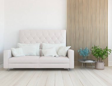 Beyaz minimalist oturma odasının içinde, ahşap zeminde kanepe var. İç kısımları kuzeyli. 3B illüstrasyon
