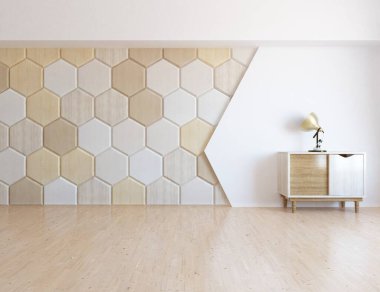 İçi lambayla dolu boş minimalist oda. Arkaplan iç mimarisi. İç kısımları kuzeyli. 3B illüstrasyon