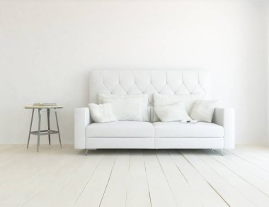 Beyaz minimalist oturma odasının içinde, ahşap zeminde kanepe var. İç kısımları kuzeyli. 3B illüstrasyon