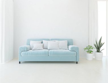 Beyaz minimalist oturma odasının içinde, ahşap zeminde kanepe var. İç kısımları kuzeyli. 3B illüstrasyon