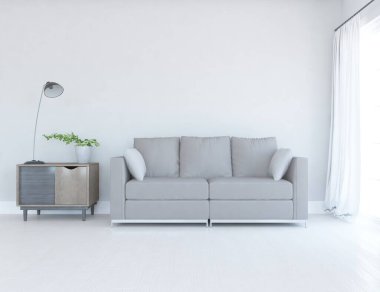 Beyaz minimalist oturma odasının içinde, ahşap zeminde kanepe var. İç kısımları kuzeyli. 3B illüstrasyon