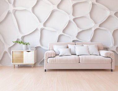 Beyaz minimalist oturma odasının içinde, ahşap zeminde kanepe var. İç kısımları kuzeyli. 3B illüstrasyon
