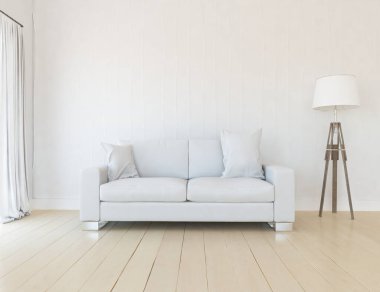 Beyaz minimalist oturma odasının içinde, ahşap zeminde kanepe var. İç kısımları kuzeyli. 3B illüstrasyon