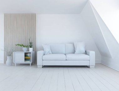 Beyaz minimalist oturma odasının içinde, ahşap zeminde kanepe var. İç kısımları kuzeyli. 3B illüstrasyon