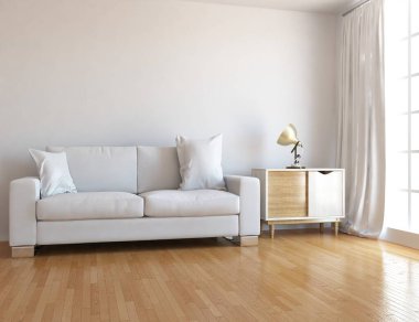 Beyaz minimalist oturma odasının içinde, ahşap zeminde kanepe var. İç kısımları kuzeyli. 3B illüstrasyon