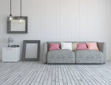 Minimalist bir oturma odası ve ahşap zeminde bir kanepe. İç kısımları kuzeyli. 3B illüstrasyon