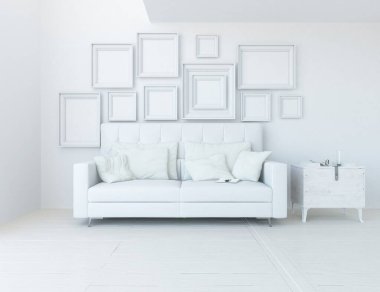 Beyaz minimalist oturma odasının içinde, ahşap zeminde kanepe var. İç kısımları kuzeyli. 3B illüstrasyon