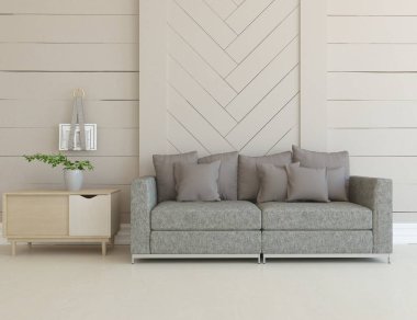 Minimalist bir oturma odası ve ahşap zeminde bir kanepe. İç kısımları kuzeyli. 3B illüstrasyon