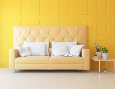 Sarı minimalist oturma odasının içinde ahşap bir zeminde kanepe var. İç kısımları kuzeyli. 3B illüstrasyon