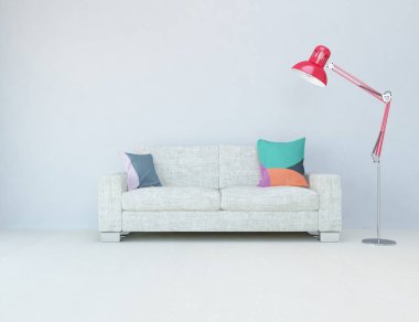 Beyaz minimalist oturma odasının içinde, ahşap zeminde kanepe var. İç kısımları kuzeyli. 3B illüstrasyon