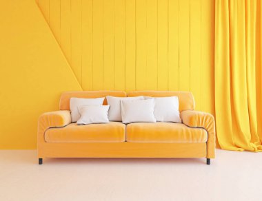Sarı minimalist oturma odasının içinde ahşap bir zeminde kanepe var. İç kısımları kuzeyli. 3B illüstrasyon