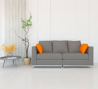 Minimalist bir oturma odası ve ahşap zeminde bir kanepe. İç kısımları kuzeyli. 3B illüstrasyon