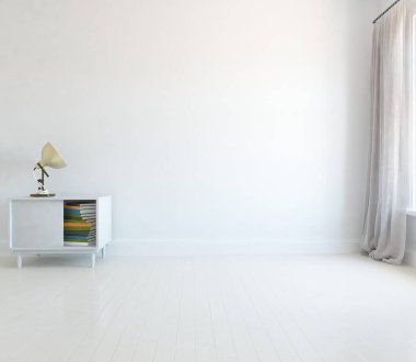İçi lambayla dolu boş minimalist oda. Arkaplan iç mimarisi. İç kısımları kuzeyli. 3B illüstrasyon