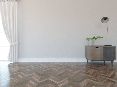 İçi lambayla dolu boş minimalist oda. Arkaplan iç mimarisi. İç kısımları kuzeyli. 3B illüstrasyon