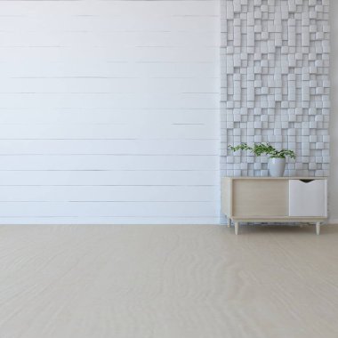 Dekoratif unsurlarla dolu boş bir İskandinav odası fikri. İç kısımları kuzeyli. 3B illüstrasyon 