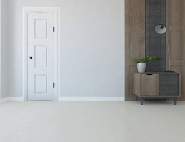 Dekoratif unsurlarla dolu boş bir İskandinav odası fikri. İç kısımları kuzeyli. 3B illüstrasyon 