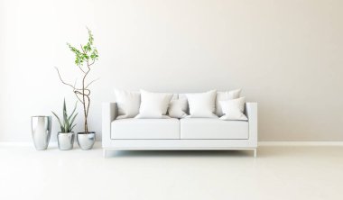 Beyaz minimalist oturma odasının içinde, ahşap zeminde kanepe var. İç kısımları kuzeyli. 3B illüstrasyon