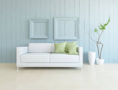 Mavi minimalist bir oturma odası ve ahşap zeminde bir kanepe. İç kısımları kuzeyli. 3B illüstrasyon