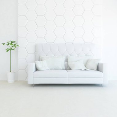 Beyaz minimalist oturma odasının içinde, ahşap zeminde kanepe var. İç kısımları kuzeyli. 3B illüstrasyon