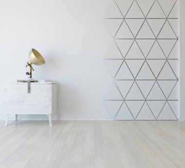 İçi lambayla dolu boş minimalist oda. Arkaplan iç mimarisi. İç kısımları kuzeyli. 3B illüstrasyon