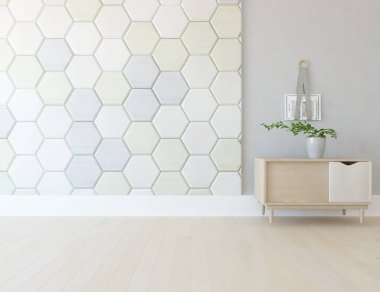 Dekoratif unsurlarla dolu boş bir İskandinav odası fikri. İç kısımları kuzeyli. 3B illüstrasyon 