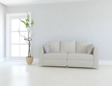 Beyaz minimalist oturma odasının içinde, ahşap zeminde kanepe var. İç kısımları kuzeyli. 3B illüstrasyon