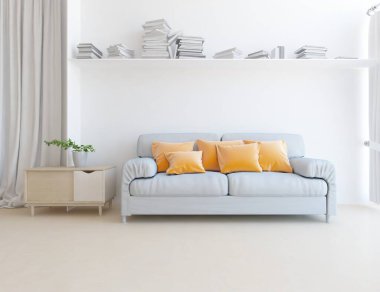 Beyaz minimalist oturma odasının içinde, ahşap zeminde kanepe var. İç kısımları kuzeyli. 3B illüstrasyon