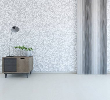 Dekoratif unsurlarla dolu boş bir İskandinav odası fikri. İç kısımları kuzeyli. 3B illüstrasyon 