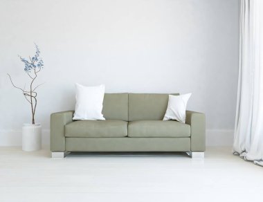 Beyaz minimalist oturma odasının içinde, ahşap zeminde kanepe var. İç kısımları kuzeyli. 3B illüstrasyon