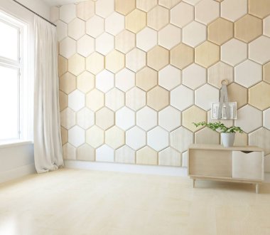 Dekoratif unsurlarla dolu boş bir İskandinav odası fikri. İç kısımları kuzeyli. 3B illüstrasyon 