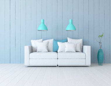 Minimalist bir oturma odası ve ahşap zeminde bir kanepe. İç kısımları kuzeyli. 3B illüstrasyon