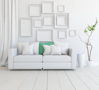 Beyaz minimalist oturma odasının içinde, ahşap zeminde kanepe var. İç kısımları kuzeyli. 3B illüstrasyon