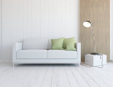 Beyaz minimalist oturma odasının içinde, ahşap zeminde kanepe var. İç kısımları kuzeyli. 3B illüstrasyon