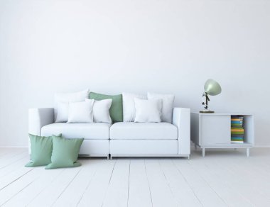 Beyaz minimalist oturma odasının içinde, ahşap zeminde kanepe var. İç kısımları kuzeyli. 3B illüstrasyon