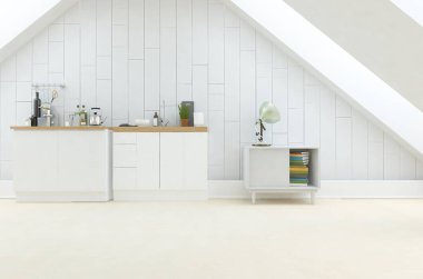 Beyaz minimalist mutfak odası. Ahşap zeminde yemek mobilyası var. İç kısımları kuzeyli. 3B illüstrasyon