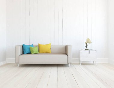 Beyaz minimalist oturma odasının içinde, ahşap zeminde kanepe var. İç kısımları kuzeyli. 3B illüstrasyon