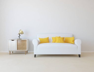 Beyaz minimalist oturma odasının içinde, ahşap zeminde kanepe var. İç kısımları kuzeyli. 3B illüstrasyon