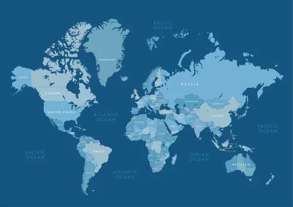 Velmi podrobná mapa světa s označením. Vektorové ilustrace. — Stockový vektor