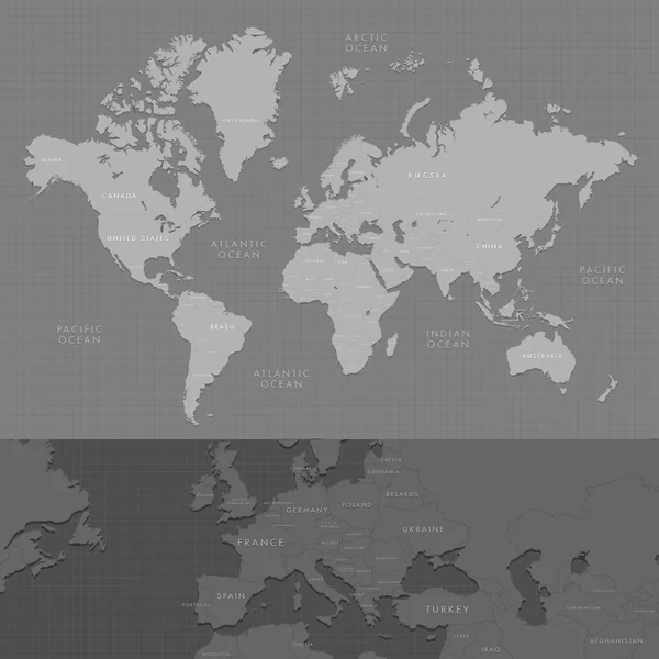 Mapa del mundo altamente detallado con etiquetado, aumentado de los países europeos . — Vector de stock