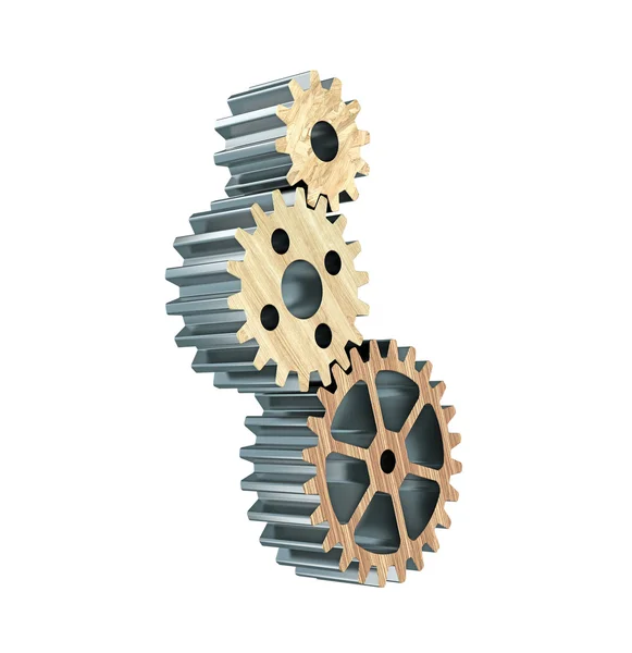 3D illustration, three wooden and metal gears on white background — Stock Photo, Image