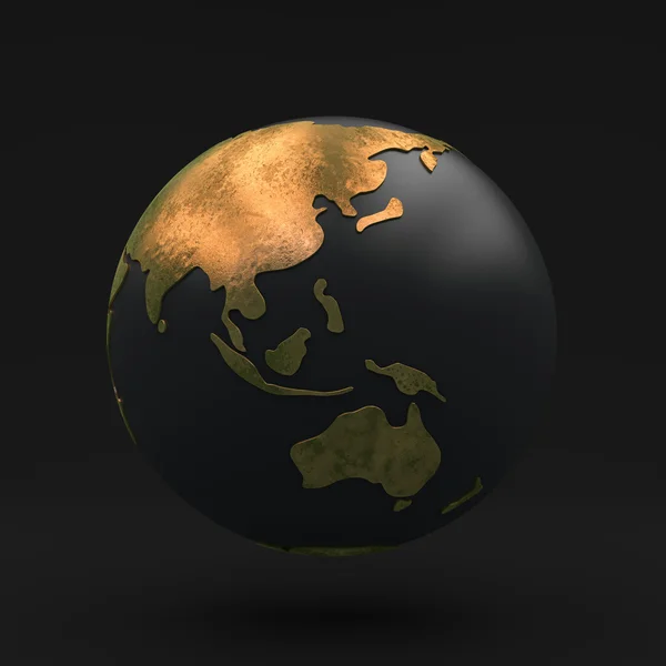 Globo negro com continentes dourados, vista Ásia e Austrália, 3D — Fotografia de Stock