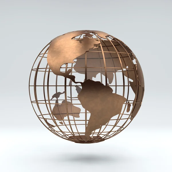 Metallo bronzo vista globo Sud America e Nord America, rendering 3d — Foto Stock