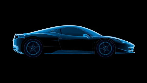 Zijaanzicht van snel Deluxe sport auto. 3D renderig blauwe x-ray — Stockfoto