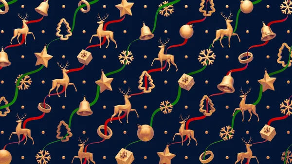 Patrón Navidad Con Venado Dorado Decorativo Con Cintas Rojas Elementos — Foto de Stock