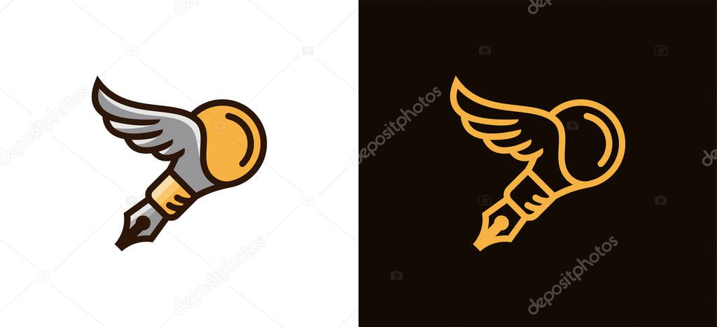 Vector illustration of a smart creative idea pen logo design with a light bulb and wings icon symbol