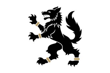 Klasik bir amblem tarzında tasarlanmış, zarif altın aksanlı, hanedan kökenli azgın bir kurt silueti. Armalar, amblemler, markalaşma ve ortaçağ temalı grafik kaynakları için mükemmel..