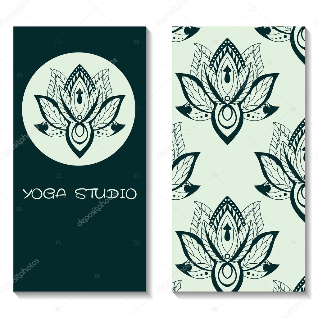 Cards template for yoga studio with lotuses. Yoga vertical vector banner. Business card template for yoga retreat, can be used for Hinduism religious organization. vector illustration