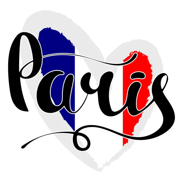 巴黎刻字。亲手写的巴黎。在窗体中的法国国旗 — 图库矢量图片