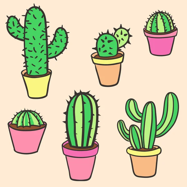 Kaktüs küme. Kaktüs vektör koleksiyonu. Elle çizilmiş kaktüs. Pot 